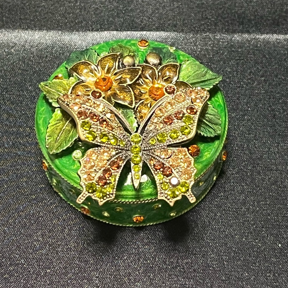 Vintage Round Butterfly Swarovski Crystal Brass Enamel Trinket Box